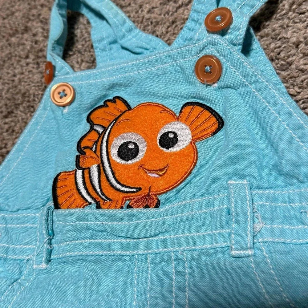 Disney Baby Finding Nemo Romper Overalls 6/9M Blue Embroidered Fish Shortall Y2K